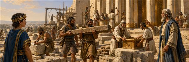 Workers repairing the temple while prophet Zechariah solemnly confronts King Joash